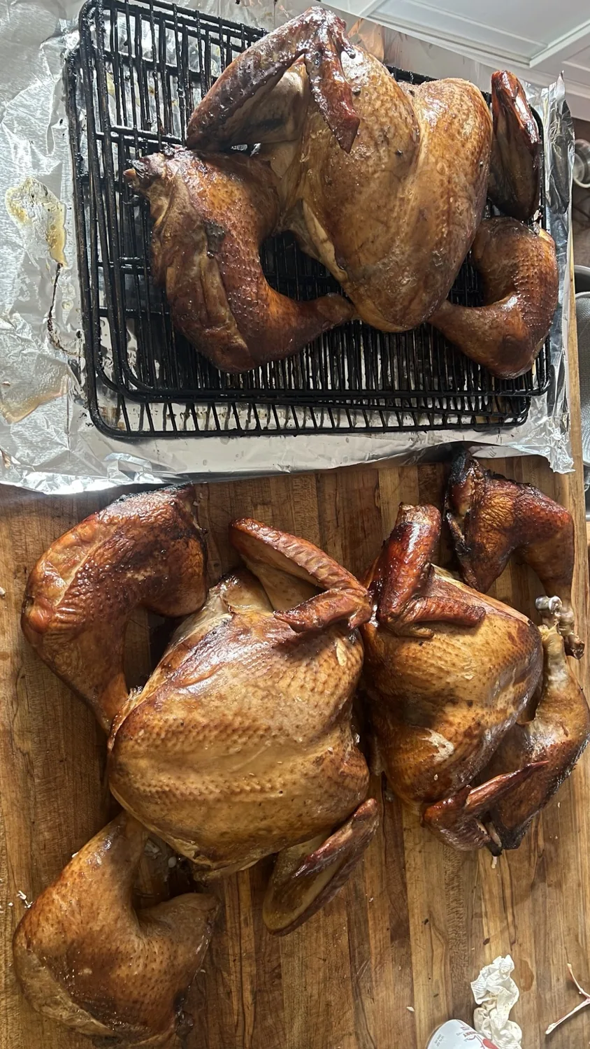Batch of beautifully smoked turkeys